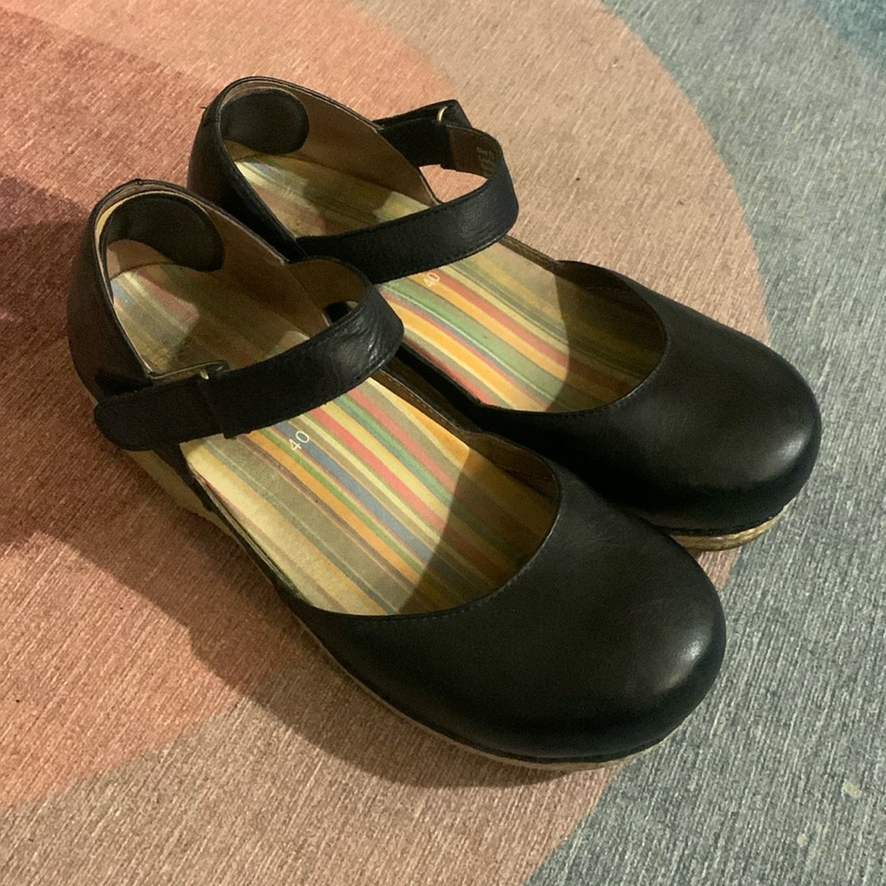 Dansko Black Leather Mary Jane Platforms with Strap